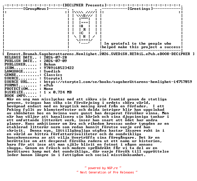 NFO for the release Ernest.Bramah.Sagoberattarens.Hemlighet.2026.SWEDiSH.RETAiL.ePub.eBOOK-DECiPHER by DECiPHER