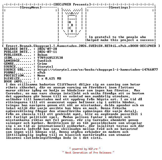 NFO for the release Ernest.Bramah.Skuggspel.I.Hamnstaden.2026.SWEDiSH.RETAiL.ePub.eBOOK-DECiPHER by DECiPHER