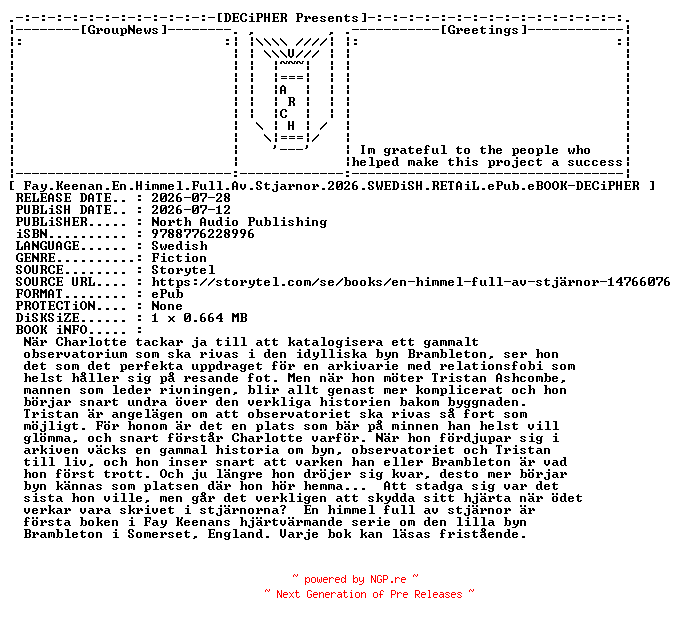 NFO for the release Fay.Keenan.En.Himmel.Full.Av.Stjarnor.2026.SWEDiSH.RETAiL.ePub.eBOOK-DECiPHER by DECiPHER