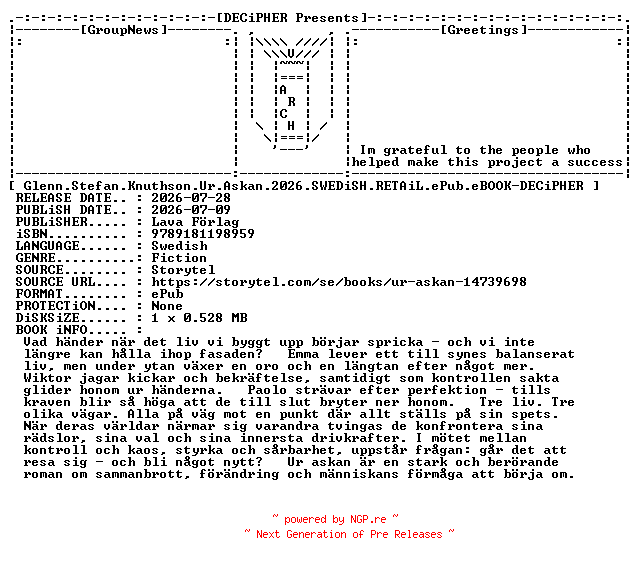 NFO for the release Glenn.Stefan.Knuthson.Ur.Askan.2026.SWEDiSH.RETAiL.ePub.eBOOK-DECiPHER by DECiPHER