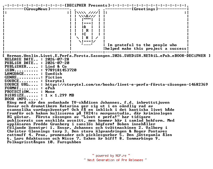 NFO for the release Herman.Wenlin.Livet.E.Perfa.Forsta.Sasongen.2026.SWEDiSH.RETAiL.ePub.eBOOK-DECiPHER by DECiPHER