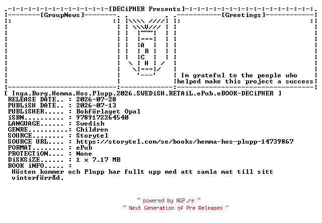 NFO for the release Inga.Borg.Hemma.Hos.Plupp.2026.SWEDiSH.RETAiL.ePub.eBOOK-DECiPHER by DECiPHER
