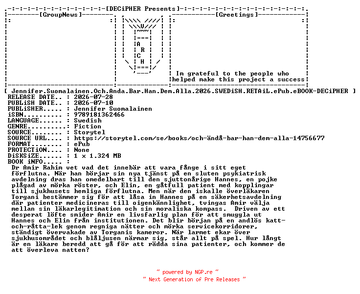 NFO for the release Jennifer.Suomalainen.Och.Anda.Bar.Han.Dem.Alla.2026.SWEDiSH.RETAiL.ePub.eBOOK-DECiPHER by DECiPHER