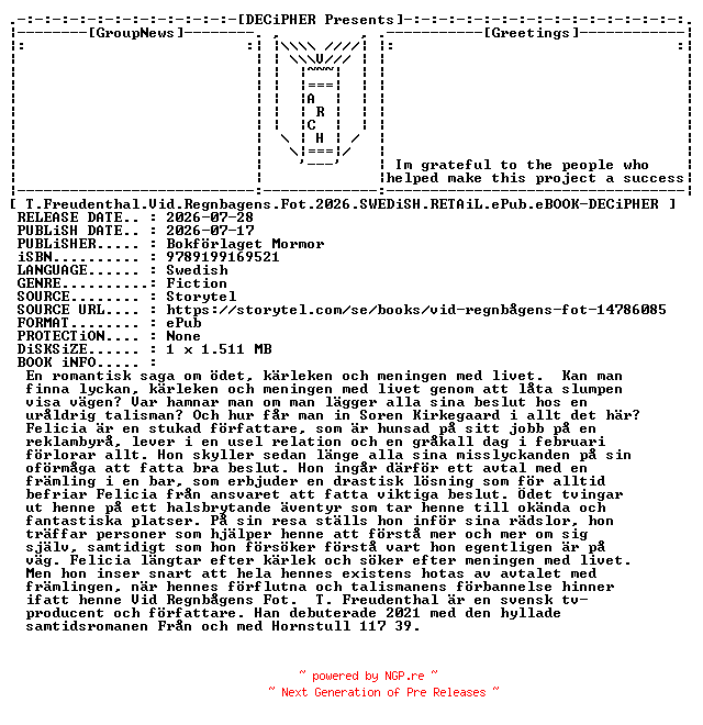 NFO for the release T.Freudenthal.Vid.Regnbagens.Fot.2026.SWEDiSH.RETAiL.ePub.eBOOK-DECiPHER by DECiPHER