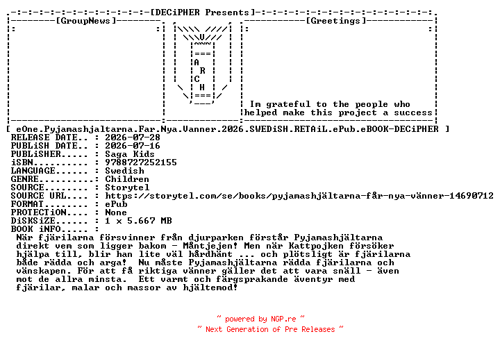 NFO for the release eOne.Pyjamashjaltarna.Far.Nya.Vanner.2026.SWEDiSH.RETAiL.ePub.eBOOK-DECiPHER by DECiPHER