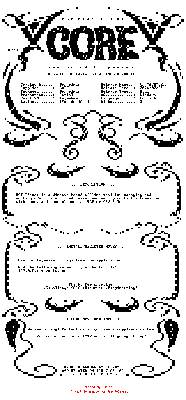 NFO for the release Vovsoft.VCF.Editor.v3.0.Incl.Keymaker-CORE by CORE
