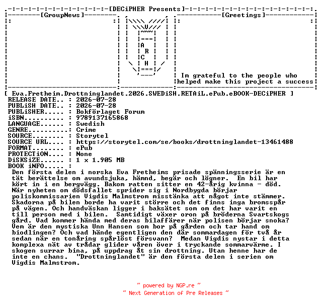 NFO for the release Eva.Fretheim.Drottninglandet.2026.SWEDiSH.RETAiL.ePub.eBOOK-DECiPHER by DECiPHER