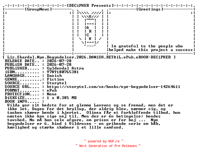 NFO for the release Liz.Skardal.Nye.Begyndelser.2026.DANiSH.RETAiL.ePub.eBOOK-DECiPHER by DECiPHER