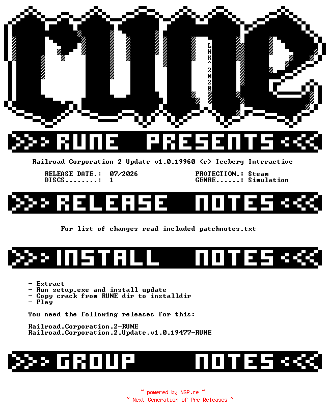 NFO for the release Railroad.Corporation.2.Update.v1.0.19960-RUNE by RUNE