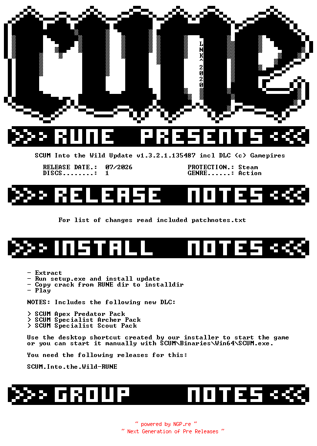 NFO for the release SCUM.Into.the.Wild.Update.v1.3.2.1.135487.incl.DLC-RUNE by RUNE