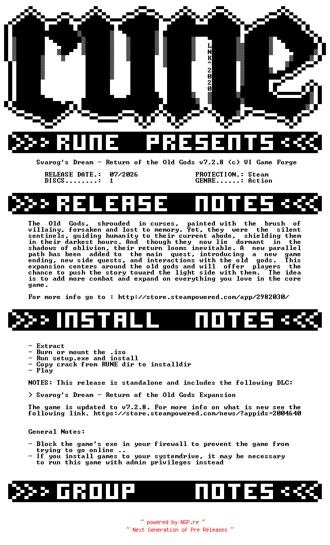 NFO for the release Svarogs.Dream.Return.of.the.Old.Gods.v7.2.8-RUNE by RUNE