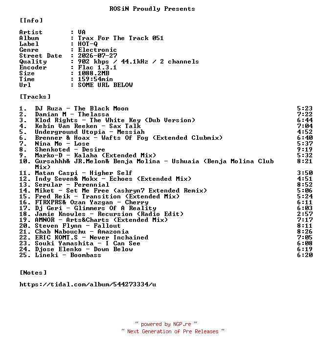 NFO for the release VA-Trax_For_The_Track_051-16BIT-WEB-FLAC-2026-ROSiN by ROSiN