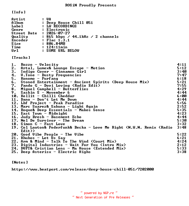 NFO for the release VA-Deep_House_Chill_051-16BIT-WEB-FLAC-2026-ROSiN by ROSiN