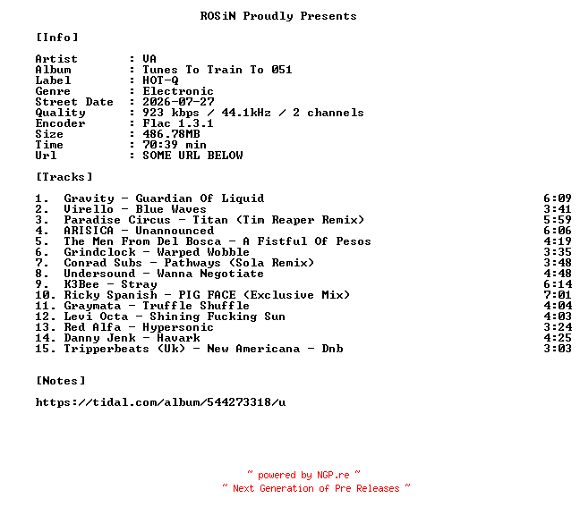 NFO for the release VA-Tunes_To_Train_To_051-16BIT-WEB-FLAC-2026-ROSiN by ROSiN