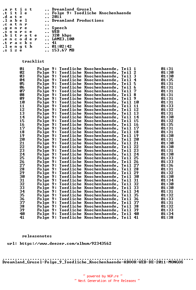 NFO for the release Dreamland_Grusel-Folge_09_Toedliche_Knochenhaende-ABOOK-WEB-DE-2011-MONGOS by MONGOS