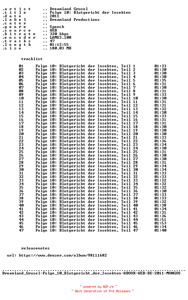 NFO for the release Dreamland_Grusel-Folge_10_Blutgericht_der_Insekten-ABOOK-WEB-DE-2011-MONGOS by MONGOS