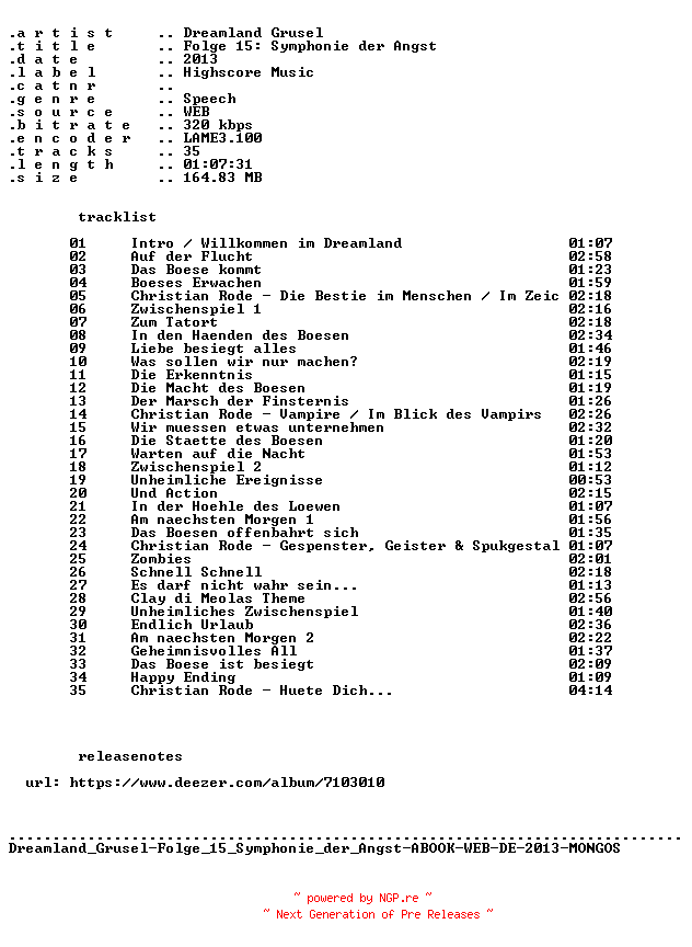 NFO for the release Dreamland_Grusel-Folge_15_Symphonie_der_Angst-ABOOK-WEB-DE-2013-MONGOS by MONGOS