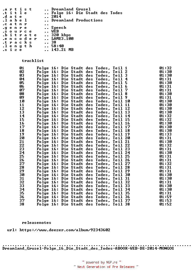 NFO for the release Dreamland_Grusel-Folge_16_Die_Stadt_des_Todes-ABOOK-WEB-DE-2014-MONGOS by MONGOS