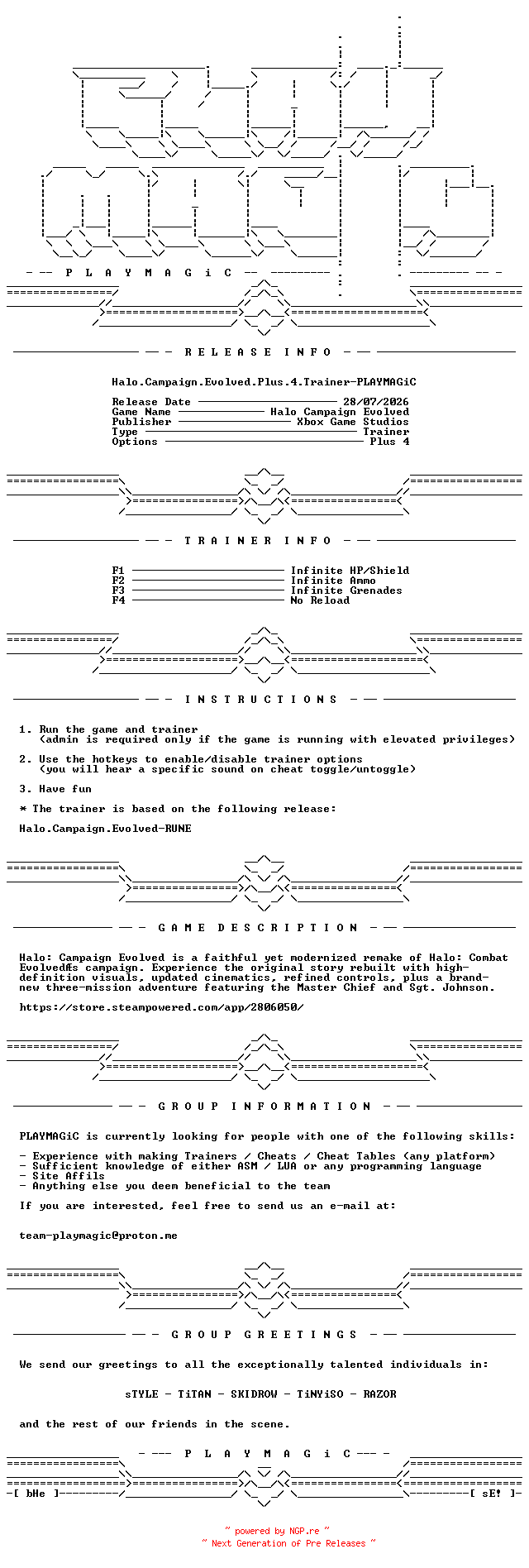 NFO for the release Halo.Campaign.Evolved.Plus.4.Trainer-PLAYMAGiC by PLAYMAGiC