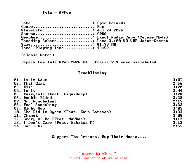 NFO for the release Tyla-APop-(Repack)-2026-C4 by C4