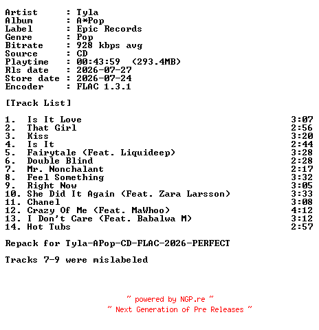 NFO for the release Tyla-APop-REPACK-CD-FLAC-2026-PERFECT by PERFECT