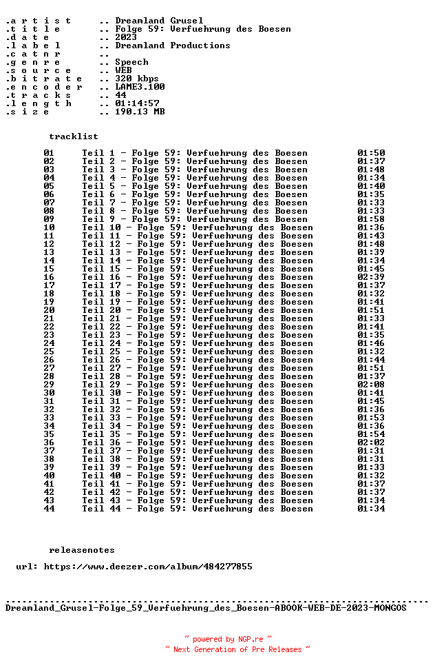 NFO for the release Dreamland_Grusel-Folge_59_Verfuehrung_des_Boesen-ABOOK-WEB-DE-2023-MONGOS by MONGOS