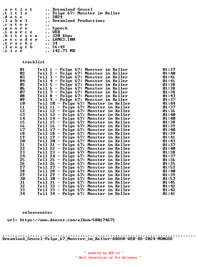 NFO for the release Dreamland_Grusel-Folge_67_Monster_im_Keller-ABOOK-WEB-DE-2024-MONGOS by MONGOS