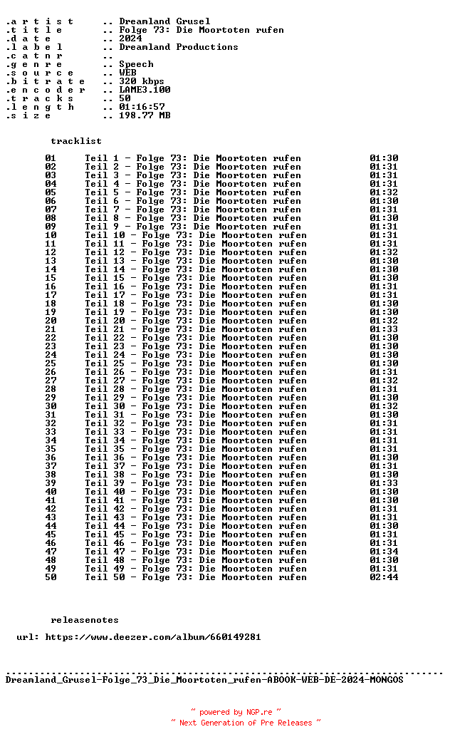 NFO for the release Dreamland_Grusel-Folge_73_Die_Moortoten_rufen-ABOOK-WEB-DE-2024-MONGOS by MONGOS