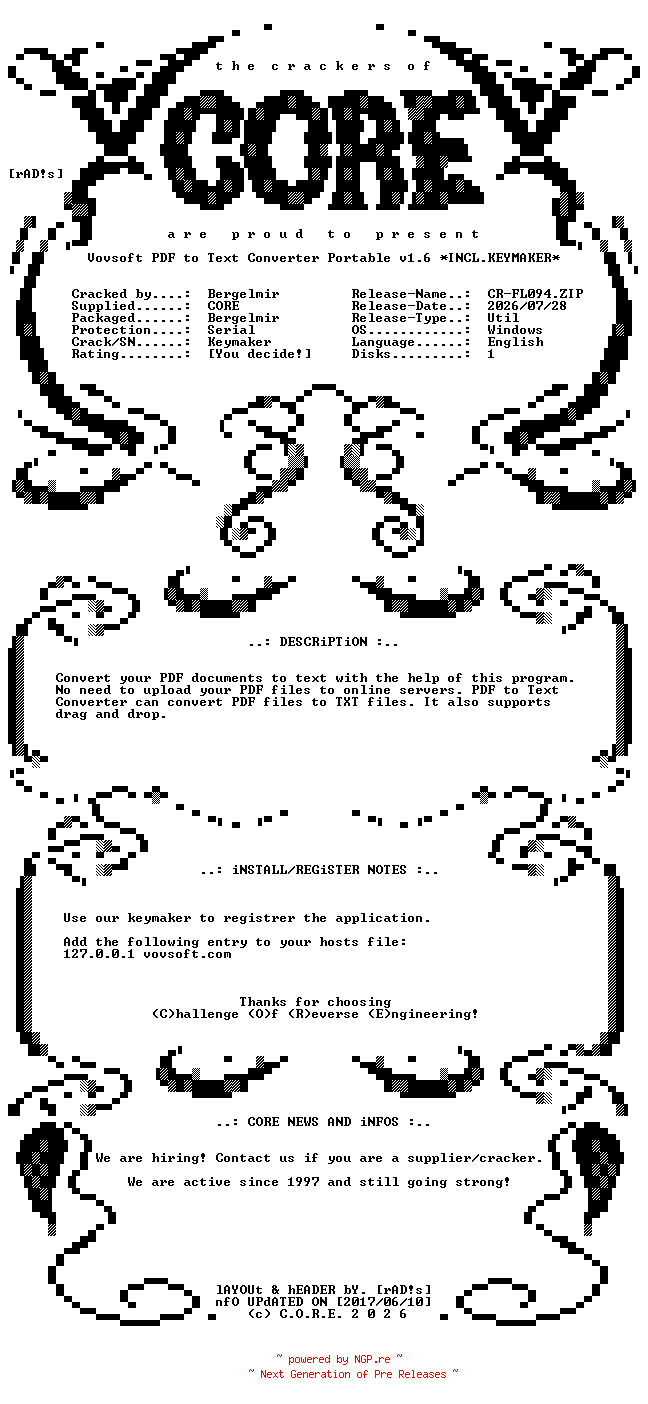 NFO for the release Vovsoft.PDF.to.Text.Converter.Portable.v1.6.Incl.Keymaker-CORE by CORE