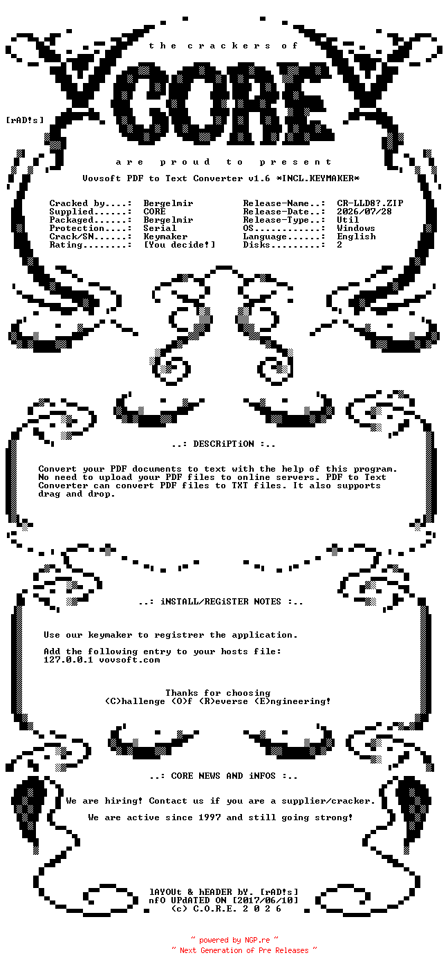 NFO for the release Vovsoft.PDF.to.Text.Converter.v1.6.Incl.Keymaker-CORE by CORE