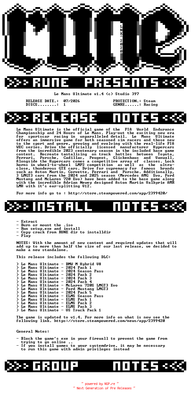 NFO for the release Le.Mans.Ultimate.v1.4-RUNE by RUNE