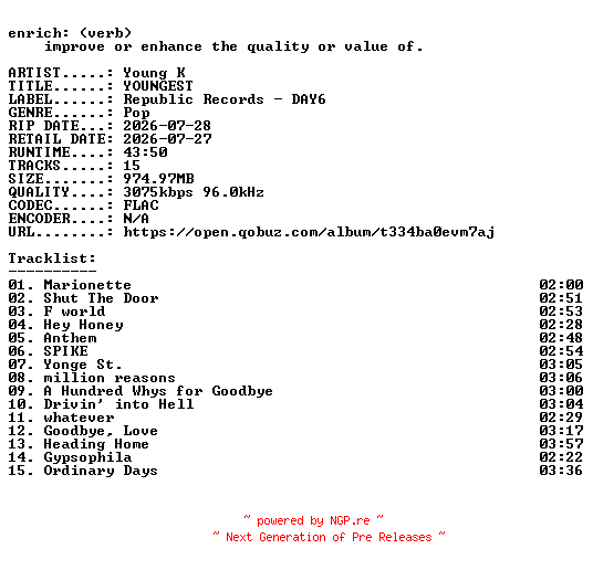 NFO for the release Young_K-YOUNGEST-KR-24BIT-WEB-FLAC-2026-ENRiCH by ENRiCH
