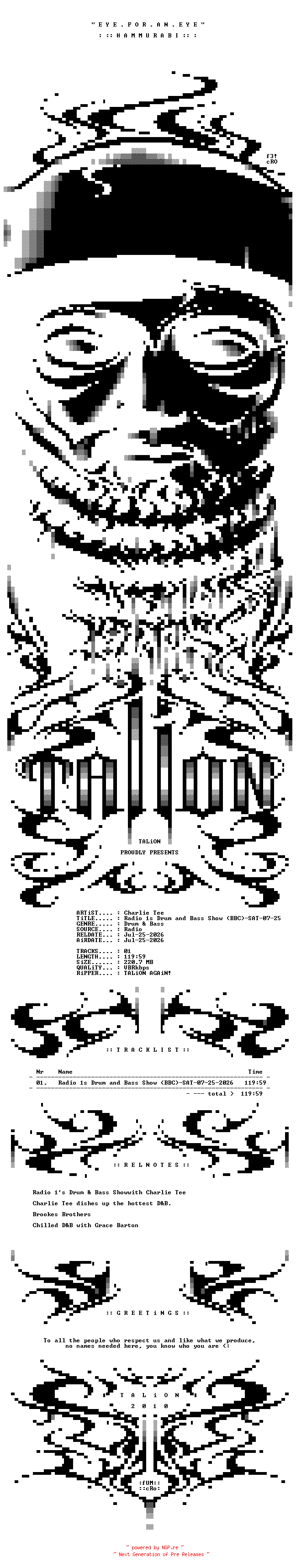 NFO for the release Charlie_Tee_-_Radio_1s_Drum_and_Bass_Show_(BBC)-SAT-07-25-2026-TALiON by TALiON