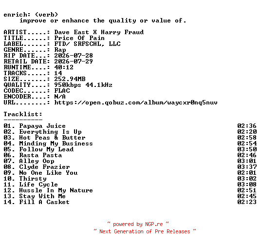 NFO for the release Dave_East_X_Harry_Fraud-Price_Of_Pain-16BIT-WEB-FLAC-2026-ENRiCH by ENRiCH