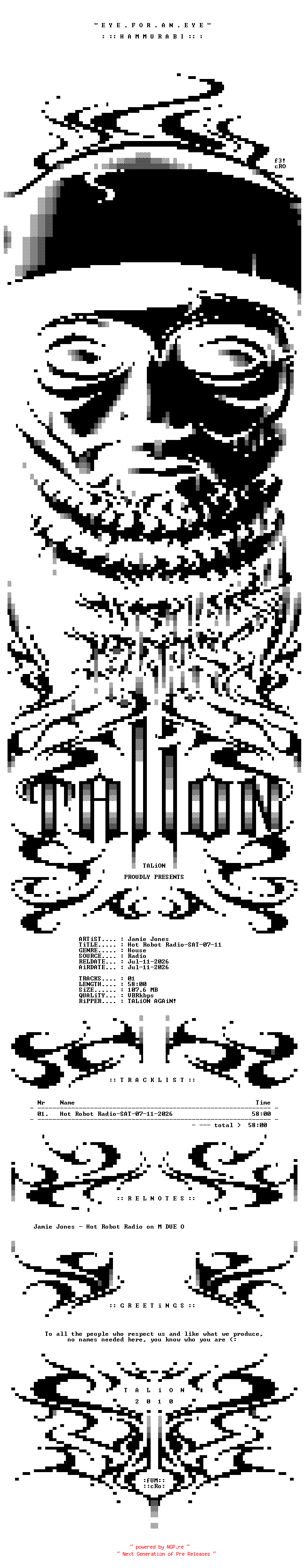 NFO for the release Jamie_Jones_-_Hot_Robot_Radio-SAT-07-11-2026-TALiON by TALiON