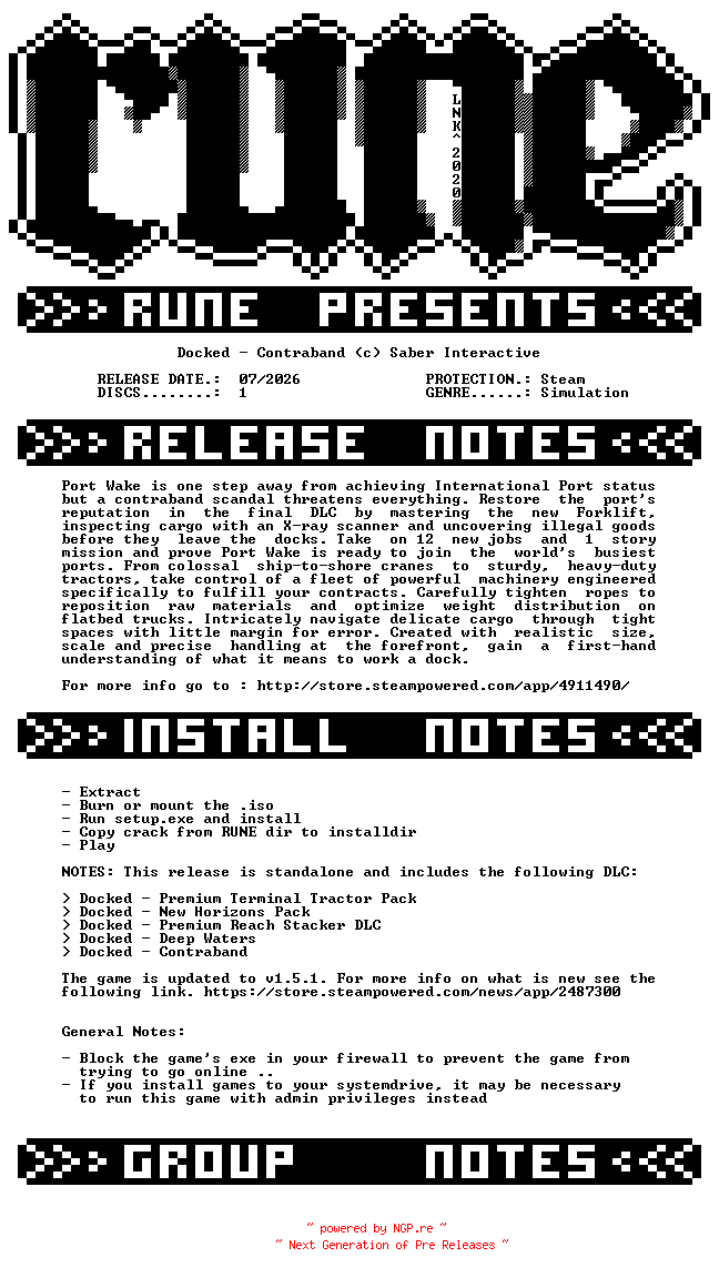 NFO for the release Docked.Contraband-RUNE by RUNE