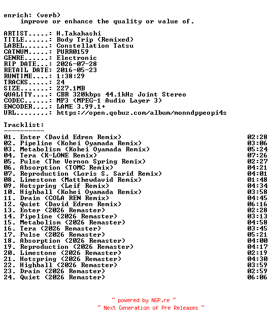 NFO for the release H.Takahashi-Body_Trip_(Remixed)-(PURR0159)-REMASTERED-WEB-2026-ENRiCH by ENRiCH