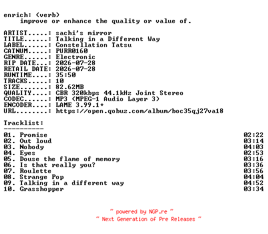 NFO for the release sachis_mirror-Talking_in_a_Different_Way-(PURR0160)-WEB-2026-ENRiCH by ENRiCH