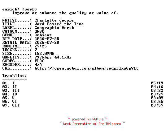 NFO for the release Charlotte_Jacobs-Word_Passed_the_Time-(GN80)-16BIT-WEB-FLAC-2026-ENRiCH by ENRiCH