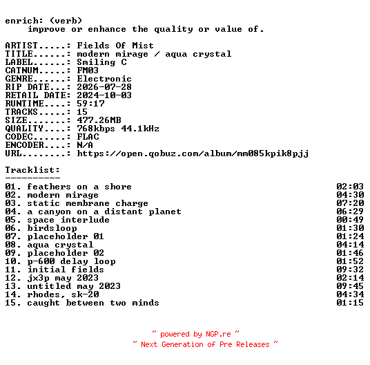 NFO for the release Fields_Of_Mist-modern_mirage__aqua_crystal-(FM03)-24BIT-WEB-FLAC-2024-ENRiCH by ENRiCH
