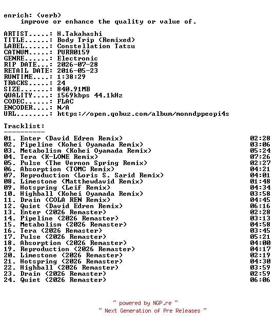 NFO for the release H.Takahashi-Body_Trip_(Remixed)-(PURR0159)-REMASTERED-24BIT-WEB-FLAC-2026-ENRiCH by ENRiCH