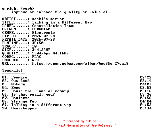 NFO for the release sachis_mirror-Talking_in_a_Different_Way-(PURR0160)-24BIT-WEB-FLAC-2026-ENRiCH by ENRiCH