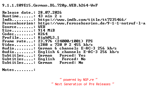 NFO for the release 9.1.1.S09E15.German.DL.720p.WEB.h264-WvF by WvF