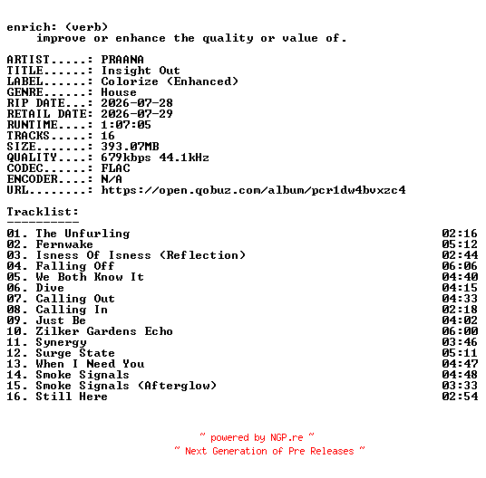 NFO for the release PRAANA-Insight_Out-16BIT-WEB-FLAC-2026-ENRiCH by ENRiCH