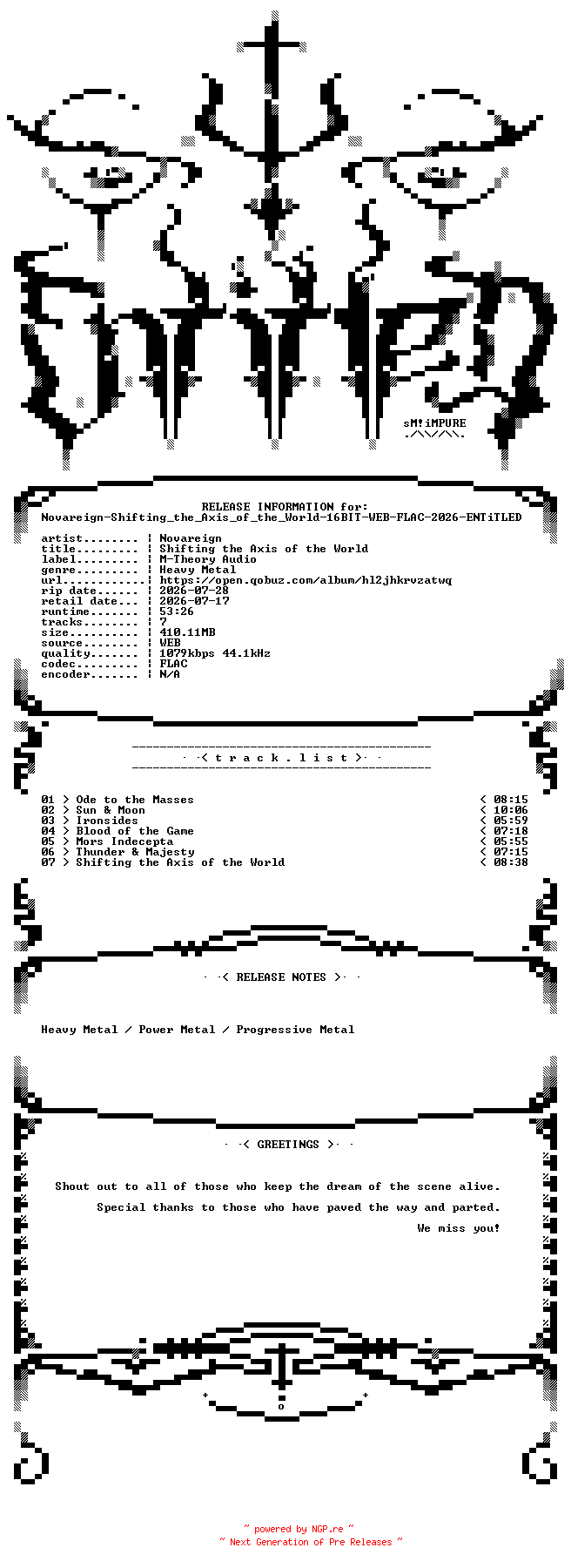 NFO for the release Novareign-Shifting_the_Axis_of_the_World-16BIT-WEB-FLAC-2026-ENTiTLED by ENTiTLED