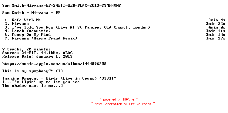 NFO for the release Sam_Smith-Nirvana-EP-24BIT-WEB-FLAC-2013-SYMPHONY by SYMPHONY