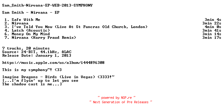 NFO for the release Sam_Smith-Nirvana-EP-WEB-2013-SYMPHONY by SYMPHONY