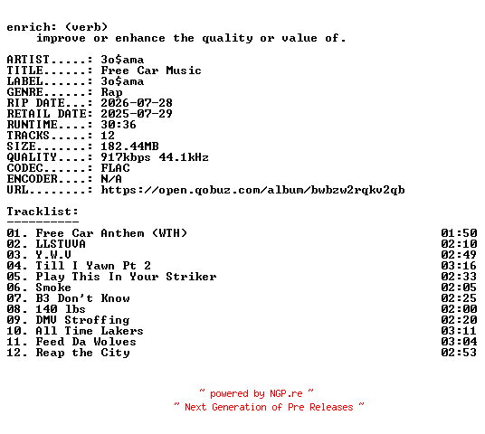 NFO for the release 3osama-Free_Car_Music-16BIT-WEB-FLAC-2025-ENRiCH by ENRiCH