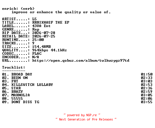 NFO for the release L5-RRRIXHASF_THE_EP-16BIT-WEB-FLAC-2026-ENRiCH by ENRiCH
