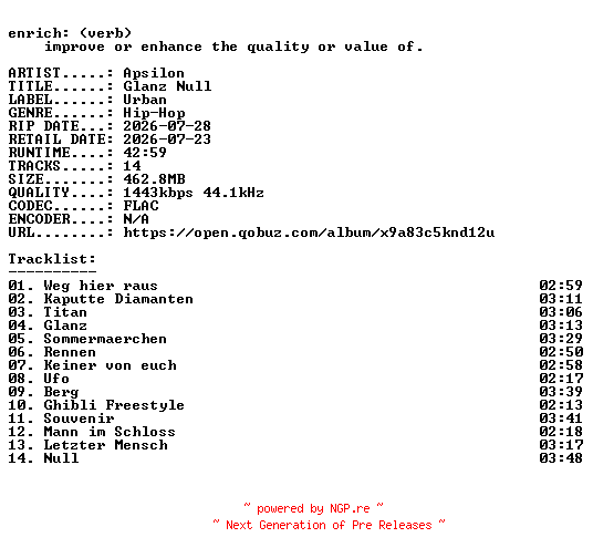 NFO for the release Apsilon-Glanz_Null-DE-24BIT-WEB-FLAC-2026-ENRiCH by ENRiCH